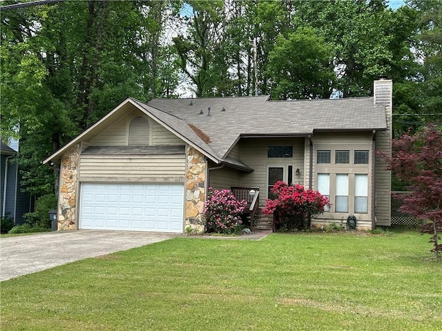 view of front of house featuring a front yard, driveway, stone siding, a chimney, and an attached garage