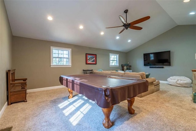 rec room featuring lofted ceiling, carpet flooring, and baseboards