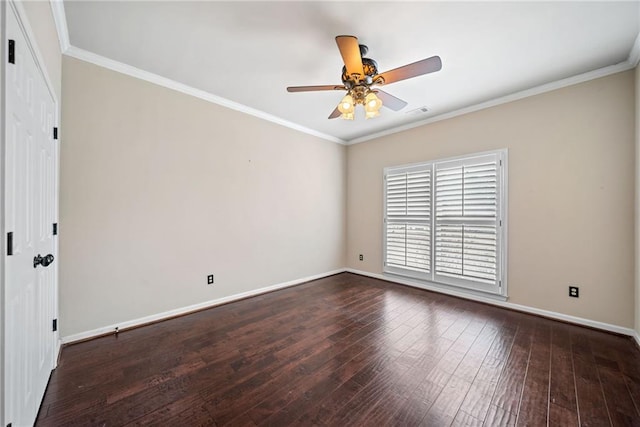 empty room with dark wood-type flooring, ceiling fan, and ornamental molding