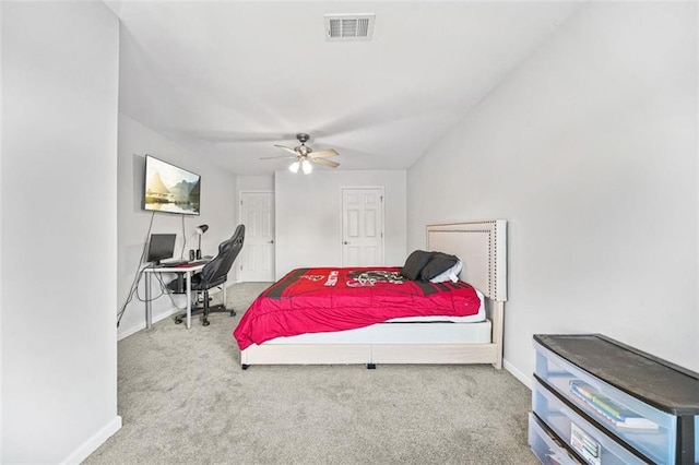 carpeted bedroom with ceiling fan