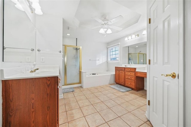 bathroom featuring tile patterned flooring, ceiling fan, shower with separate bathtub, and vanity