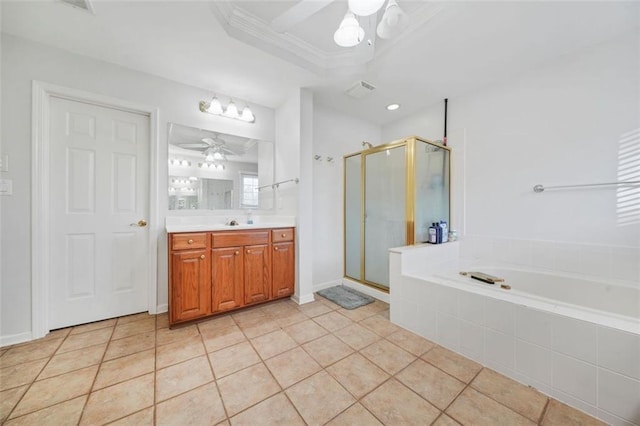 bathroom with ceiling fan, plus walk in shower, tile patterned floors, vanity, and ornamental molding