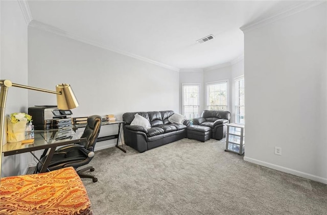 carpeted home office with ornamental molding