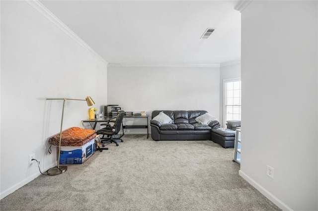 carpeted living room with crown molding