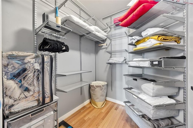 walk in closet with wood finished floors