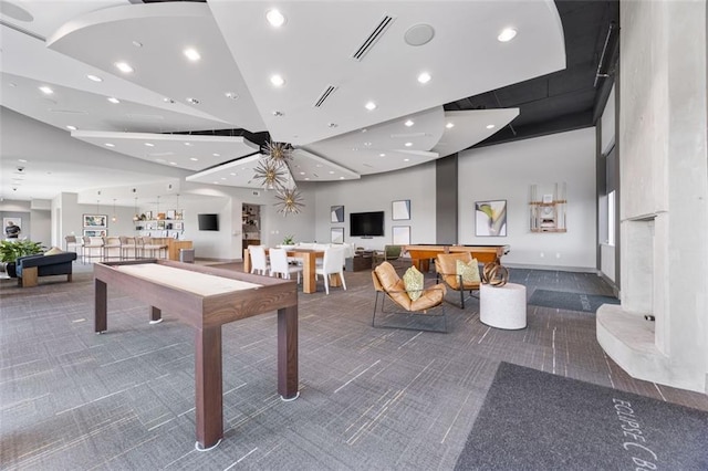 recreation room with visible vents, recessed lighting, billiards, and carpet floors