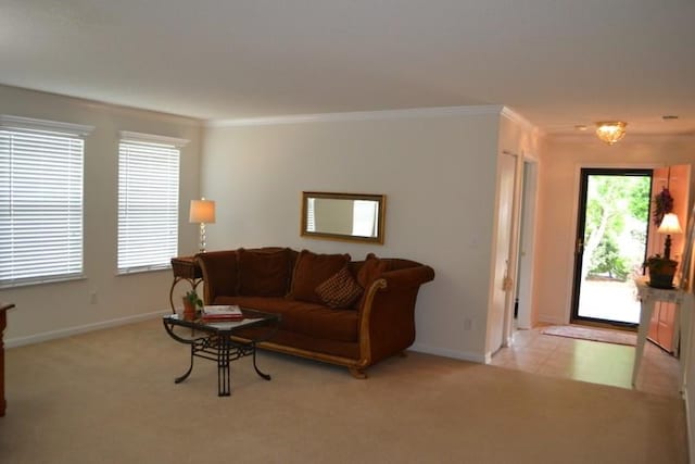 living room with light colored carpet and ornamental molding