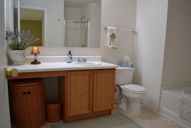 full bathroom featuring tile patterned flooring, vanity, toilet, and independent shower and bath