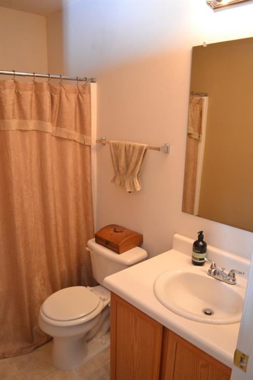 bathroom featuring vanity, toilet, a shower with shower curtain, and tile patterned flooring