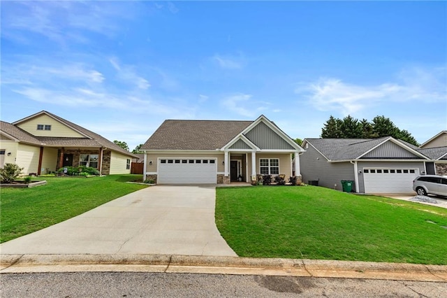 419 Highland Pointe Dr, Alto, GA 30510 - craftsman inspired home with a garage, a front yard, driveway, board and batten siding, and stone siding