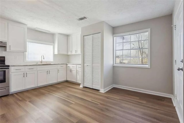 5119 NE Worsham St, Covington, GA 30014 - kitchen featuring electric range, white cabinets, extractor fan, wood finished floors, and a textured ceiling