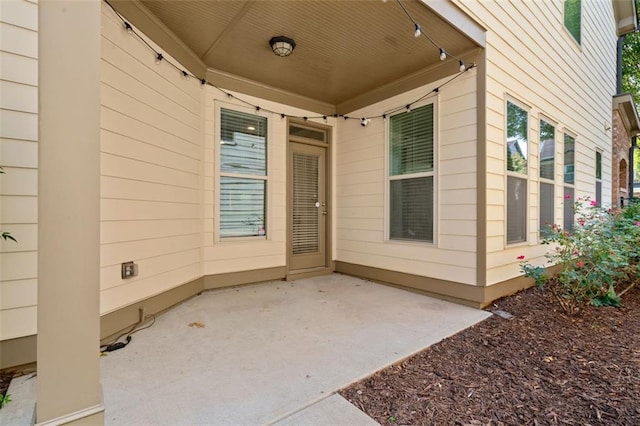 view of exterior entry featuring a patio area