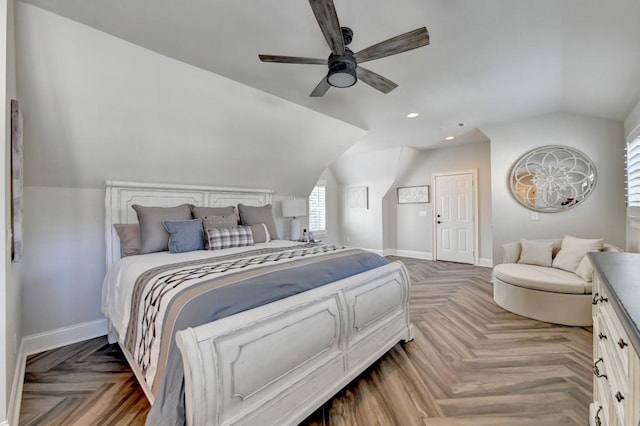 bedroom featuring baseboards, a ceiling fan, recessed lighting, and lofted ceiling