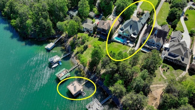 aerial view with a water view and a residential view