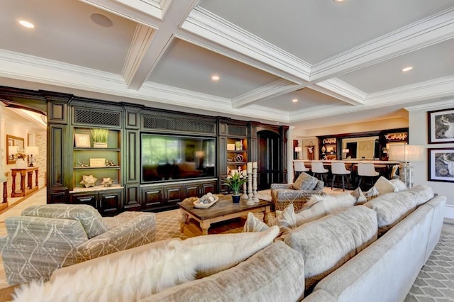 living room with recessed lighting, ornamental molding, beam ceiling, and coffered ceiling