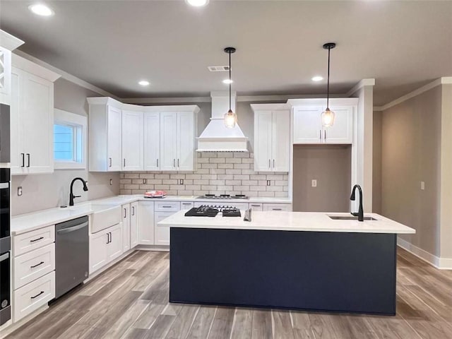 kitchen with appliances with stainless steel finishes, custom range hood, a sink, and visible vents