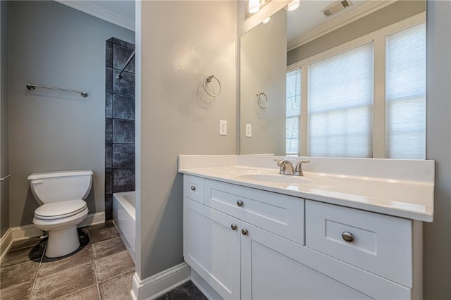 full bath with vanity, baseboards, visible vents, crown molding, and toilet