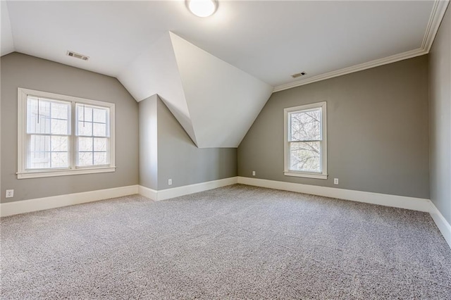 additional living space with visible vents, baseboards, carpet, and lofted ceiling