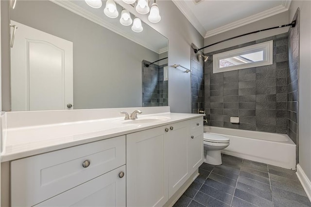 full bathroom featuring toilet, tile patterned flooring, washtub / shower combination, crown molding, and vanity