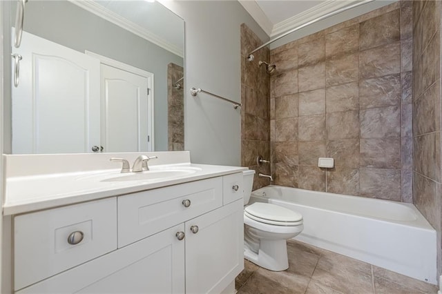 bathroom with vanity, toilet, crown molding, and bathtub / shower combination