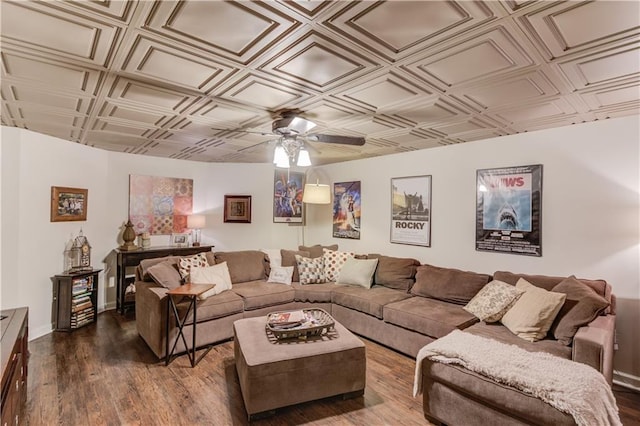 living room with dark hardwood / wood-style floors and ceiling fan