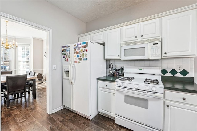 kitchen with white cabinetry, tasteful backsplash, a chandelier, a textured ceiling, and white appliances