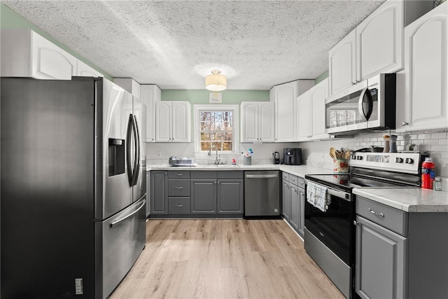 165 Grant Ford Dr, Dawsonville, GA 30534 - kitchen featuring stainless steel appliances, gray cabinets, light wood-style flooring, a textured ceiling, and a sink
