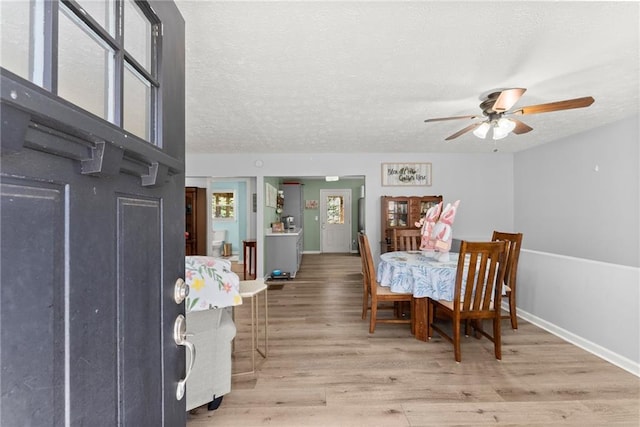 165 Grant Ford Dr, Dawsonville, GA 30534 - dining room featuring ceiling fan, light wood-style floors, a textured ceiling, and baseboards
