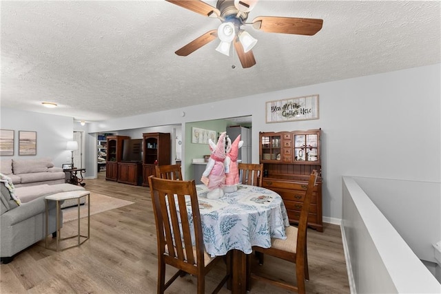 165 Grant Ford Dr, Dawsonville, GA 30534 - dining space featuring a textured ceiling, light wood finished floors, ceiling fan, and baseboards