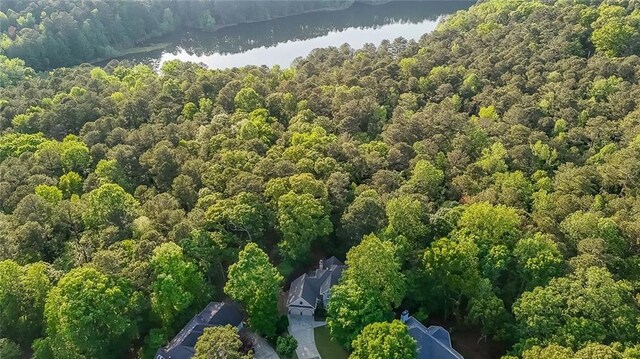 aerial view with a water view and a view of trees