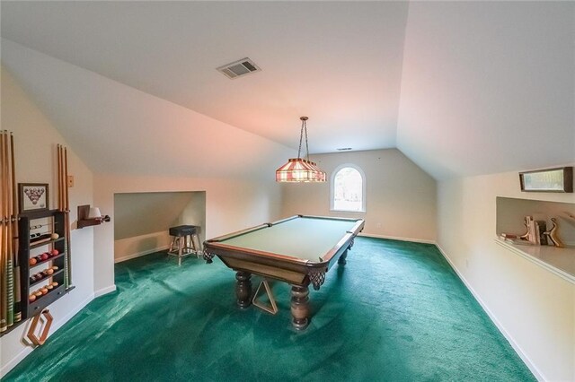 rec room featuring baseboards, carpet, lofted ceiling, and visible vents