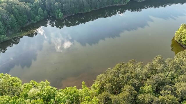 drone / aerial view with a water view and a forest view