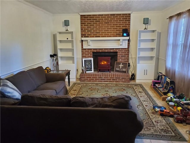 3905 Hunters Chase, Conyers, GA 30094 - living area featuring a textured ceiling, crown molding, and a brick fireplace