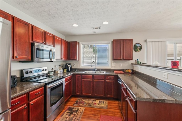 3698 Roseman Lndg, Cumming, GA 30040 - kitchen with stainless steel appliances, a sink, dark brown cabinets, dark wood-style floors, and a peninsula
