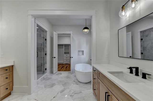 bathroom with vanity and plus walk in shower