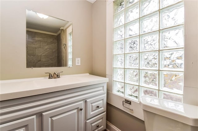 bathroom with vanity and ornamental molding