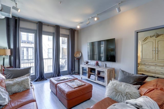 living room featuring light wood-type flooring and track lighting