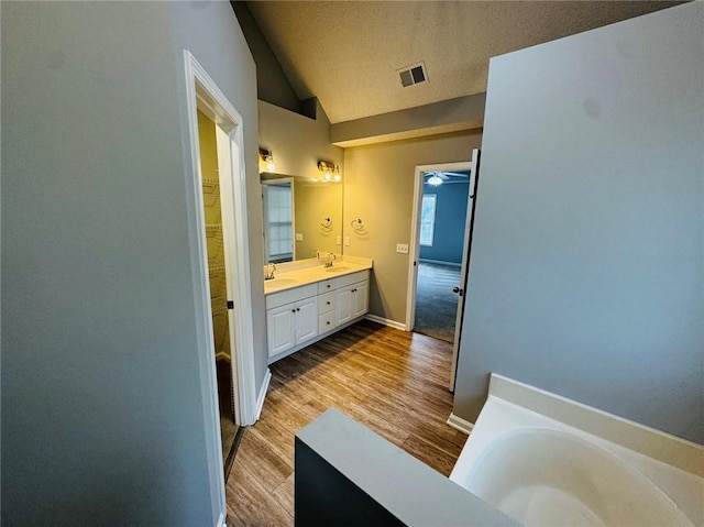 108 Northcutt Station Pl, Acworth, GA 30101 - full bath featuring lofted ceiling, double vanity, a bath, wood finished floors, and baseboards