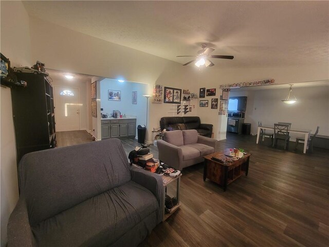 living room featuring lofted ceiling, a fireplace, and dark hardwood / wood-style flooring