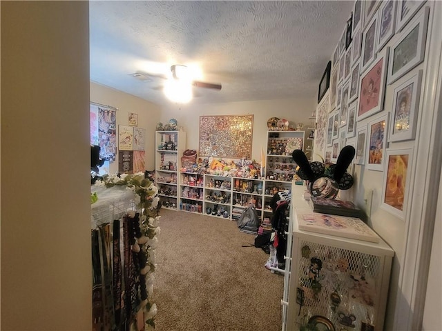 interior space with ceiling fan, carpet flooring, and a textured ceiling