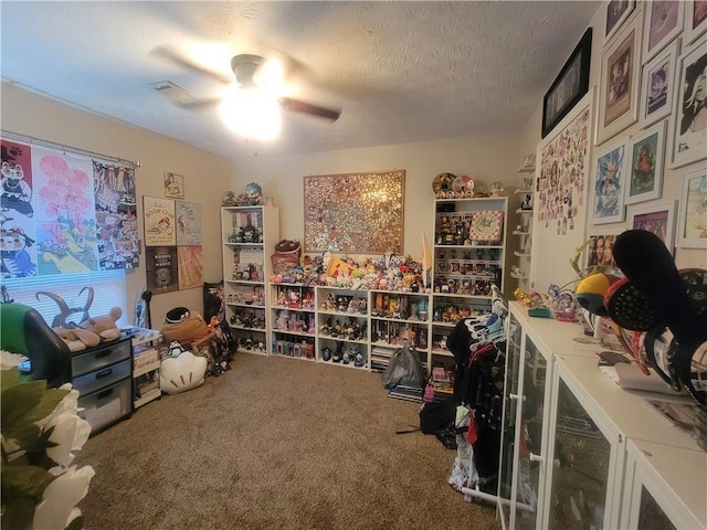 interior space featuring ceiling fan, carpet, and a textured ceiling