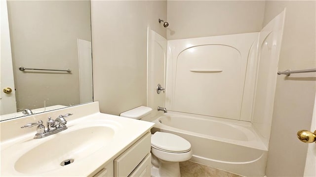 full bath with toilet, washtub / shower combination, tile patterned flooring, and vanity