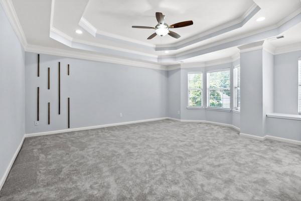 unfurnished room featuring ornamental molding, a raised ceiling, carpet, a ceiling fan, and baseboards