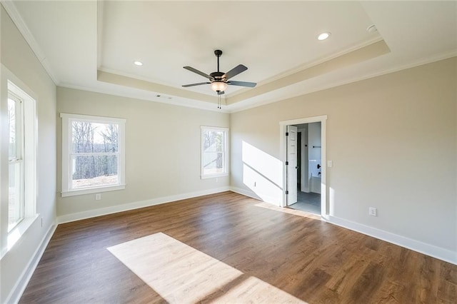 spare room with a tray ceiling, wood finished floors, and a wealth of natural light