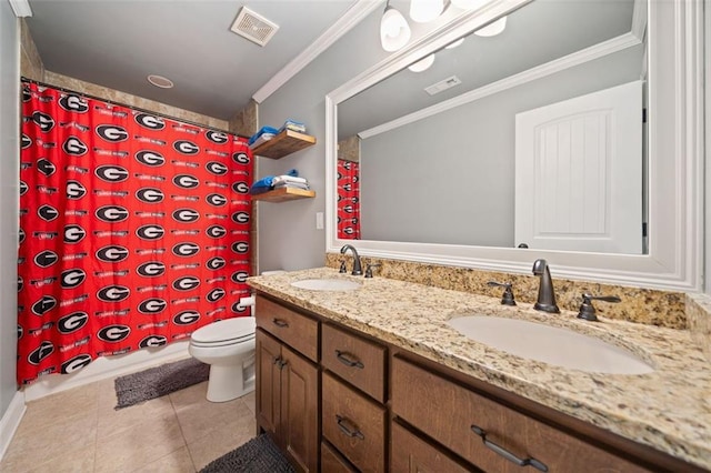 bathroom featuring toilet, ornamental molding, tile patterned floors, and vanity