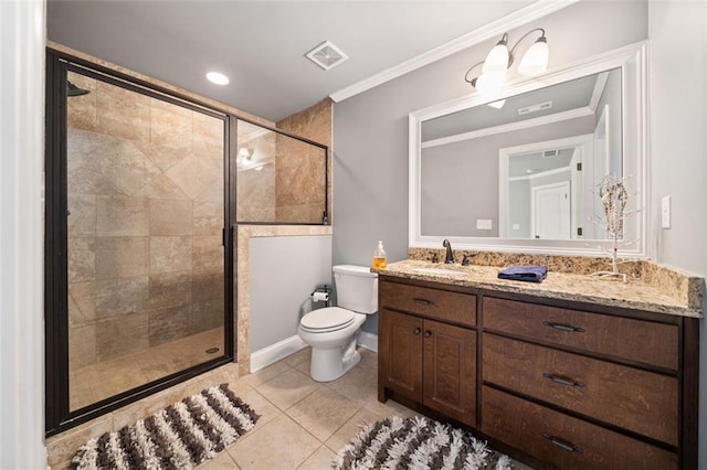 bathroom with ornamental molding, toilet, tile patterned floors, an enclosed shower, and vanity