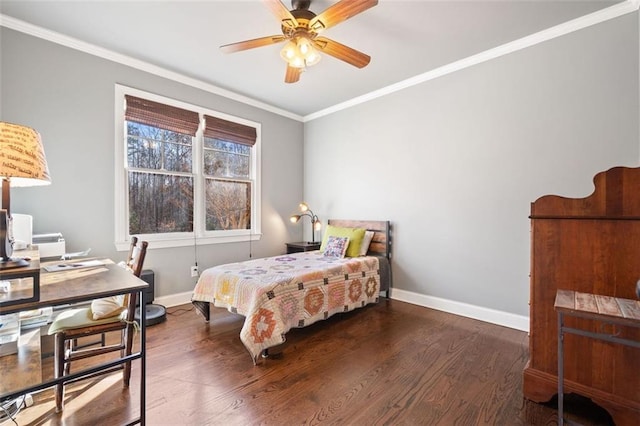 bedroom with dark hardwood / wood-style flooring, ceiling fan, and ornamental molding