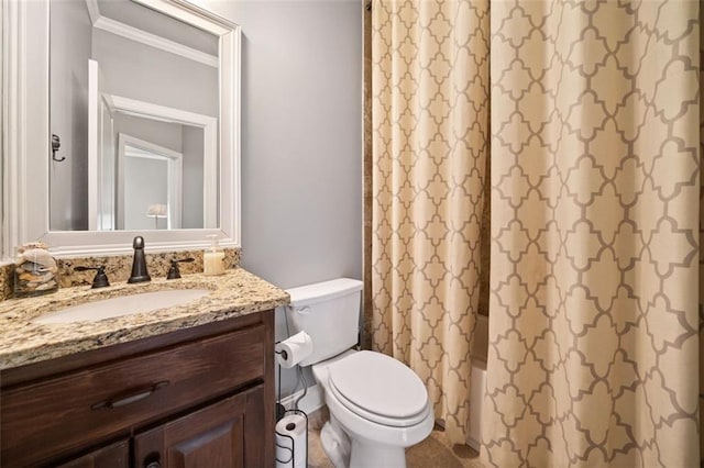 full bathroom with ornamental molding, shower / tub combo with curtain, vanity, and toilet