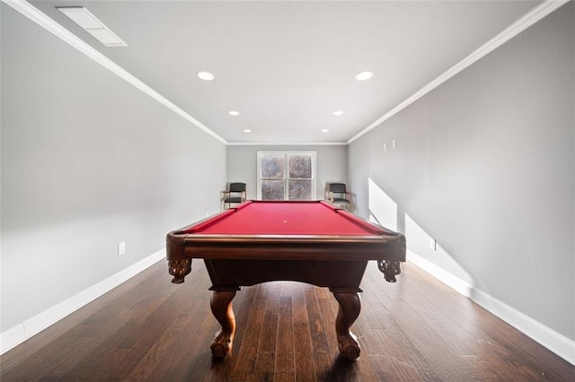 recreation room with pool table, crown molding, and hardwood / wood-style flooring