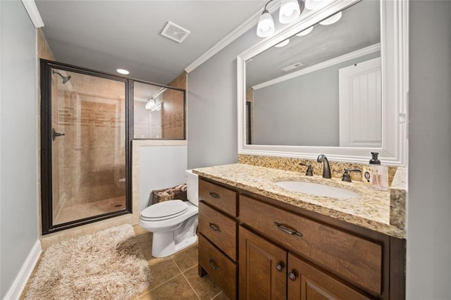 bathroom featuring toilet, tile patterned flooring, crown molding, a shower with shower door, and vanity